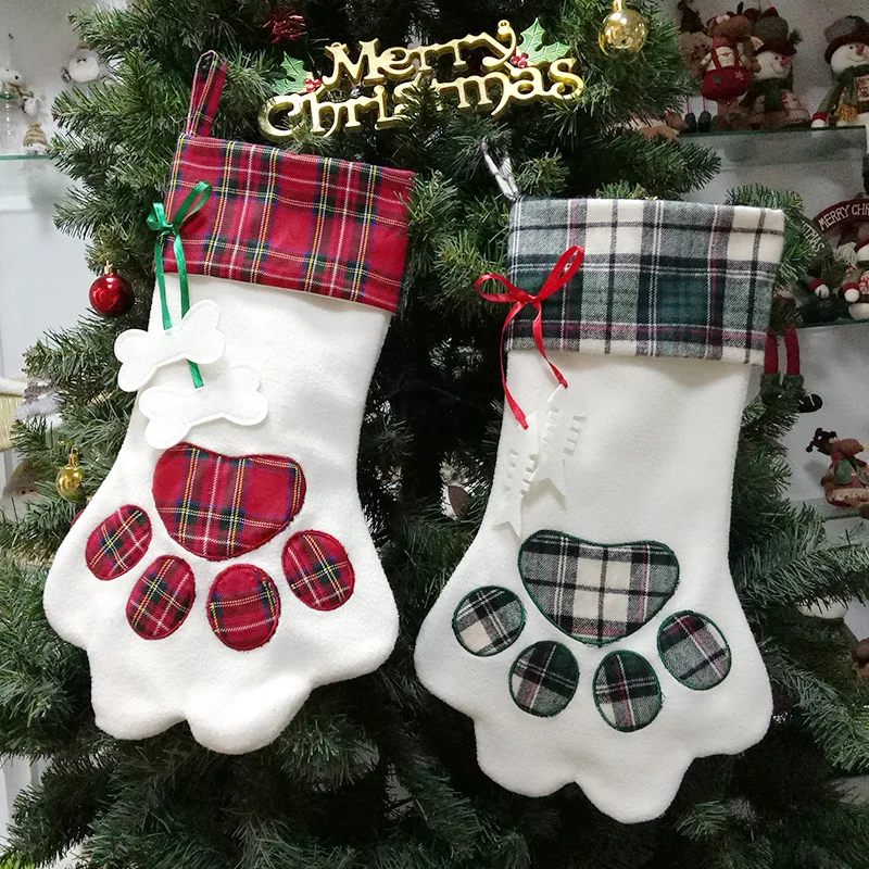 

60pcs/lot free shipping New design Pet animal Plaid Dog paw Christmas stockings X-mas gift socks Children's gift bags lin3971