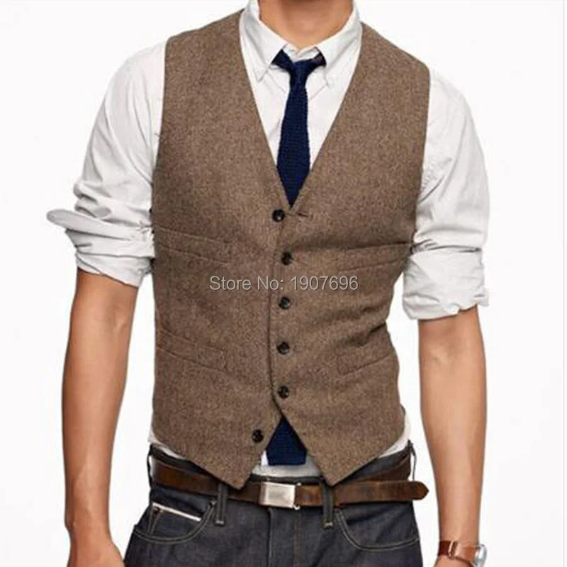 Slim Fit Wool Men Suit Vest Latest Design V Neck Groomsmen Male
