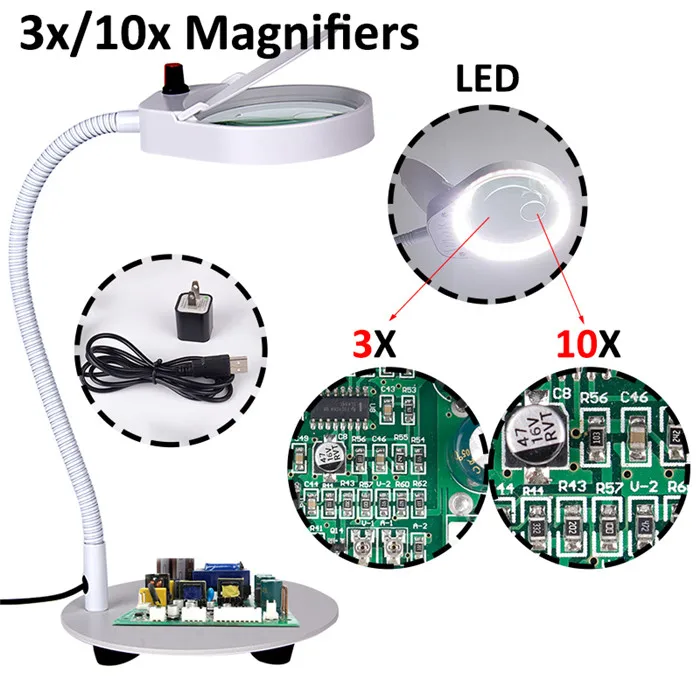 Настольная Лупа 3X/10X с увеличительным стеклом, настольная машина, светодиодный светильник для обучения чтению, для салона красоты, тату для ногтей, 220 В - Цвет: PD-4S white 3-10X