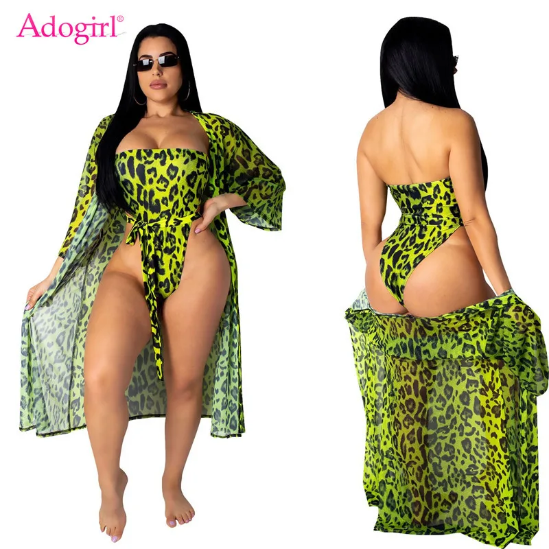 Adogirl ليوبارد طباعة المرأة الصيف شاطئ اثنين من قطعة مجموعة حمالة ثوب سباحة مونوكيني + طويلة سترة عطلة لباس سباحة Clubwear