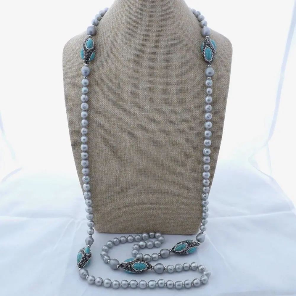 

55'' Grey Pearl black crystal pave Stone Long Necklace