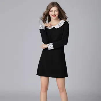 

Euramerican 2018 Autumn Plus Size Lace Dress Simple Peter Pan Collar Loose Nine Point Sleeves Knee-Length Dress