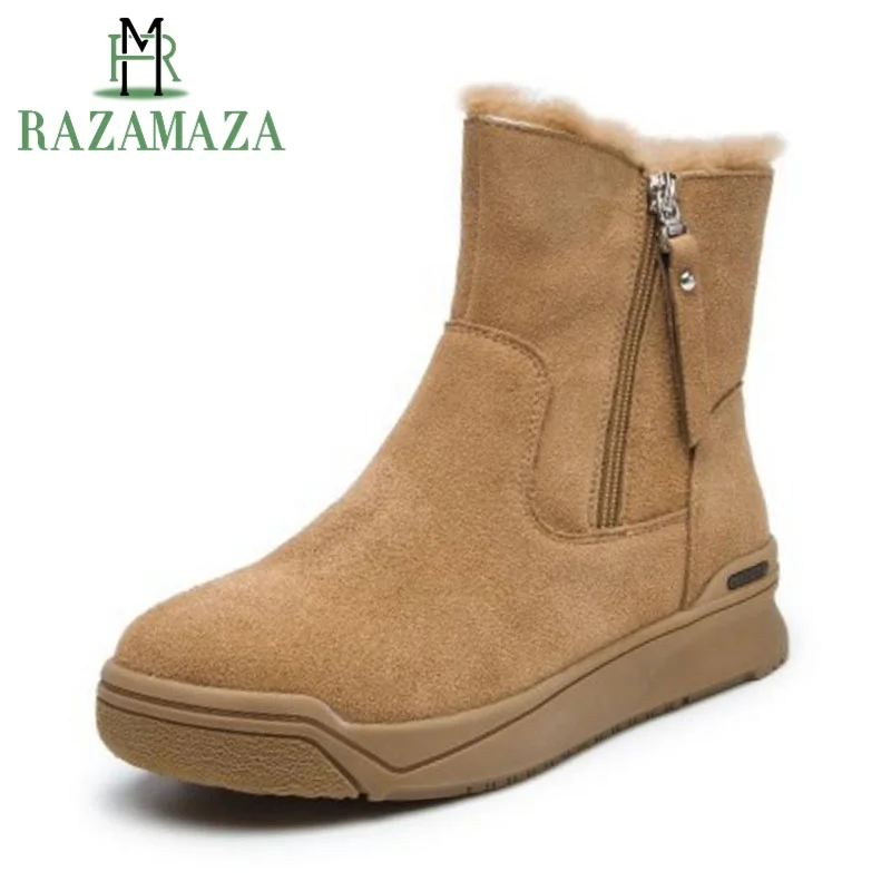 

RAZAMAZA New Winter Ankle Boots Women Shoes Real Learther Add Fur Shoes Women Zipper Warm Fashion Flats Snow Boots Size 35-39