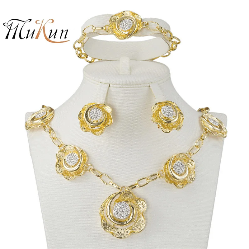 

MUKUN African Jewelry Sets pattern design Style Gold-color Bridal Wedding Accessories Necklace Bracelet Earrings Rings Set