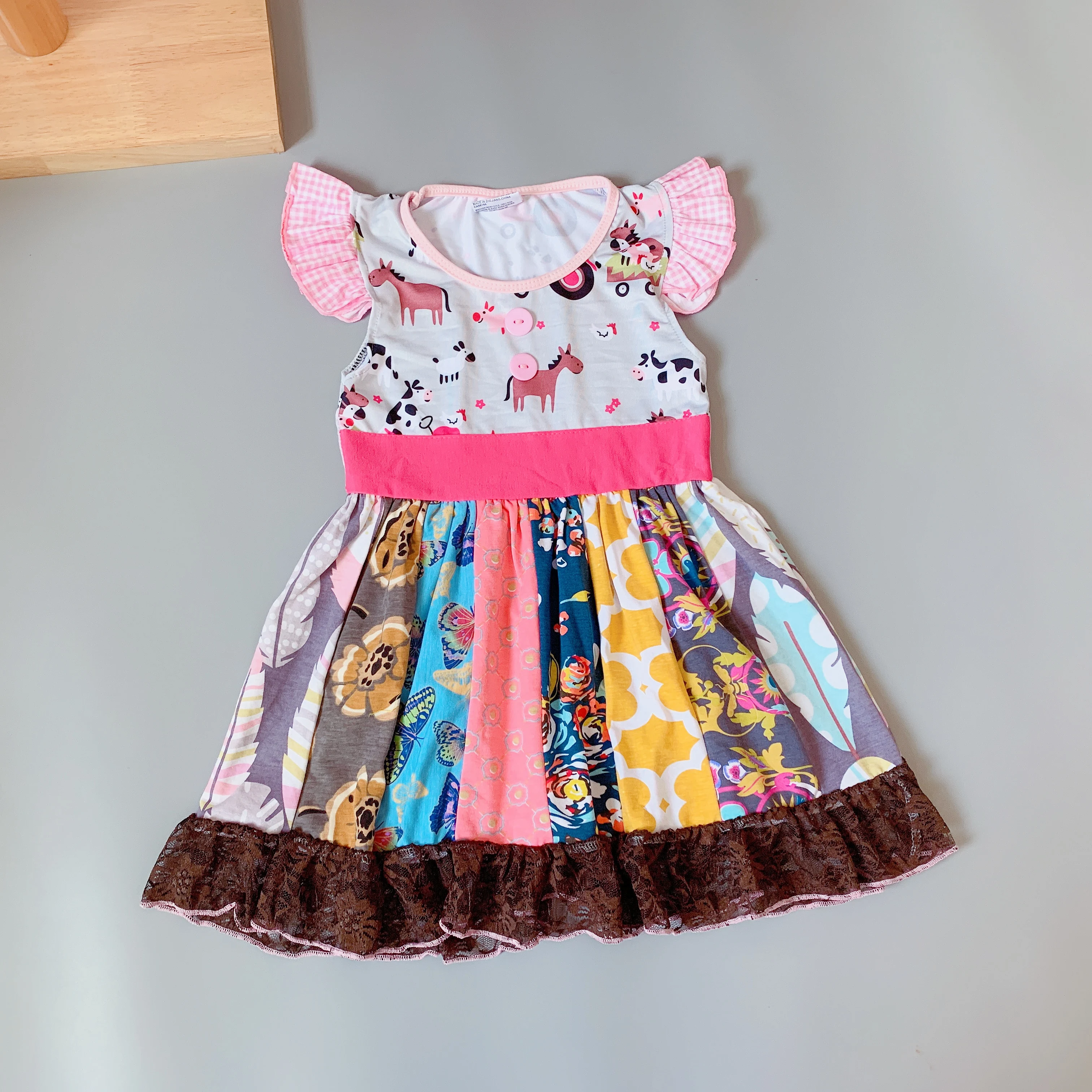 

milk silk flowers pink Girls dress with buttons Hot Sale New style Dress for present Cow print dress