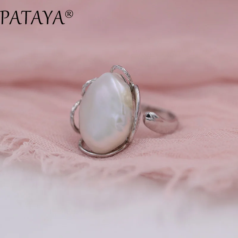 

PATAYA New Arrivals White Natural Irregular Big Pearls Rings True White Gold Luxury Wedding Party Trendy Jewelry Accessories