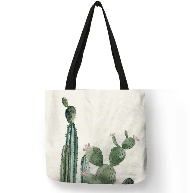 Dropship Watercolor Green Plant Cactus Tote Bag Women Fashion Fabric Dropship Watercolor Green Plant Cactus Tote Bag Women Fashion Fabric Handbags Linen Reusable Ping Bags With