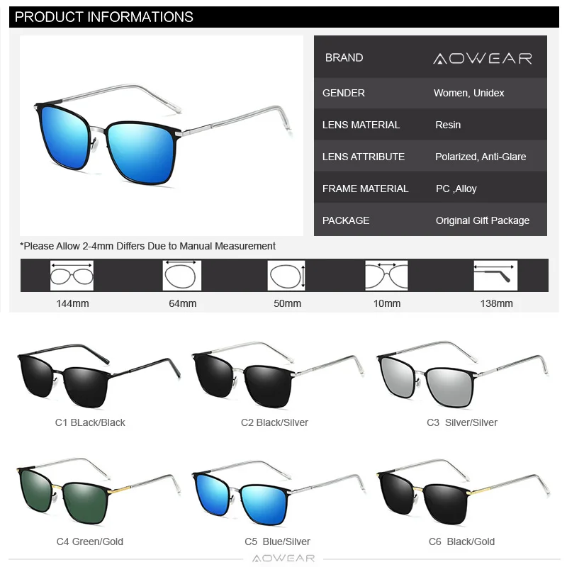 Женские квадратные солнцезащитные очки AOWEAR с поляризацией Uv400