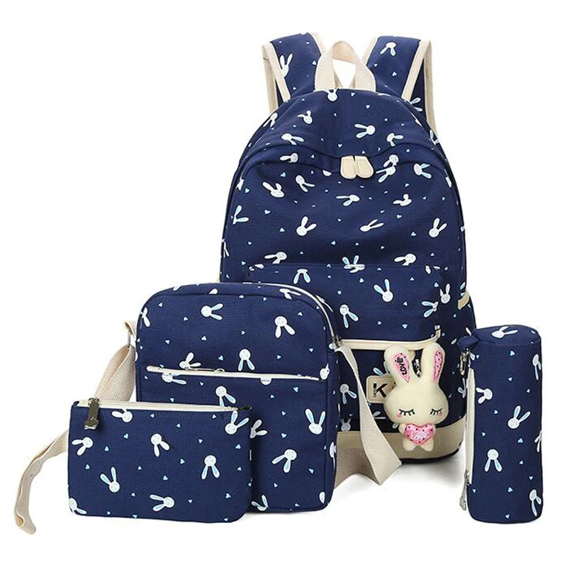 

4Pcs/set Canvas Shoolbags For Girls Cute Rabbit Kids Female Printing Backpacks SchoolBags For Teenager Girls Mochila Rucksacks