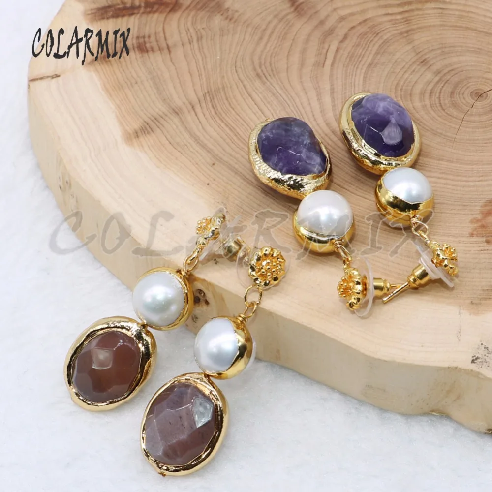 

3 pairs natural stone earrings mix colors stone with pearl plated golden color dangle earrings wholesale jewelry 4724