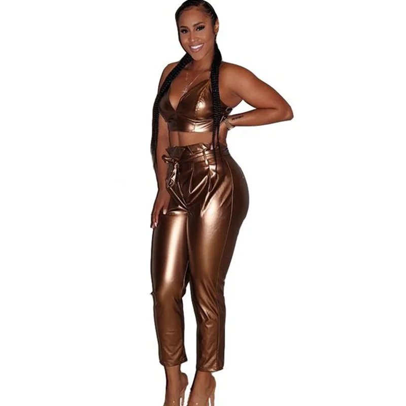 

Sexy PU Leather Two Piece Pants Set Women Spaghetti Strap V-neck Crop Top and Pants with Belt Club Wear Matching Set Outfits