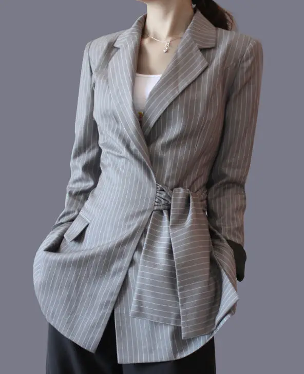 В полоску Для женщин Пиджаки для женщин и Куртки Нерегулярные полосы длинный костюм пальто Для женщин Повседневное Blaser высокое качество