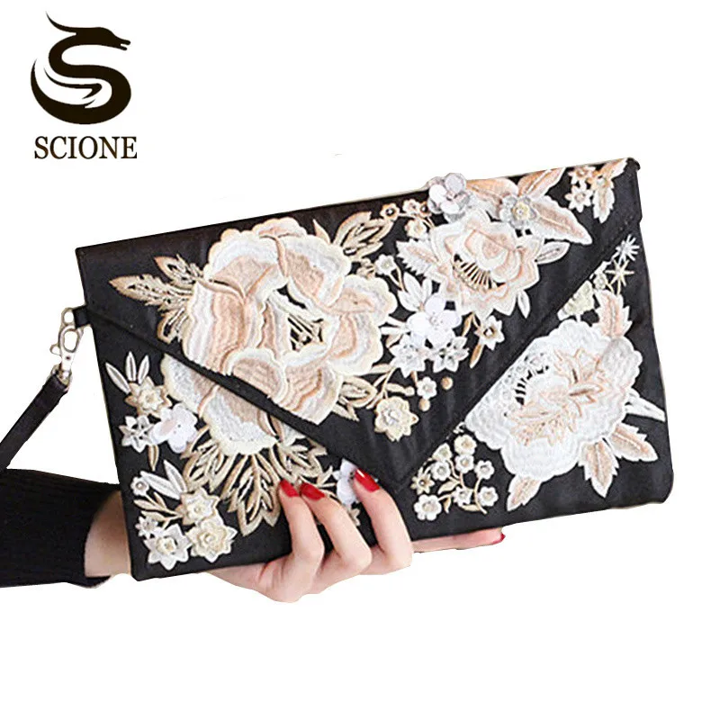 

Luxurious Handmade Flower Embroidered Evening Bag Women Black Handbag for Party Bridal Wedding Clutch Purse Envelope Bags JXY658