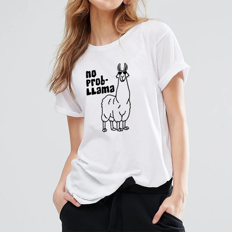 

No Prob Llama Ms.T-shirt Short Sleeve Summer Print Funny Graphic Tees Women Harajuku Kawaii Street Cheap Clothing Tops Plus Size