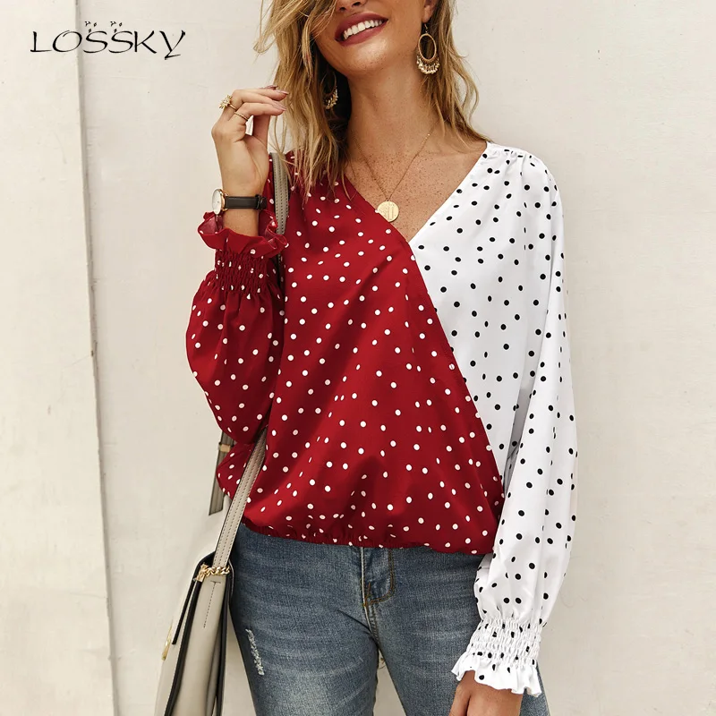 

Lossky Women's Chiffion Shirts Polka Dot Print V Neck Yellow Black Stitching Top Autumn spring Casual Slim Cool Shirt Streetwear