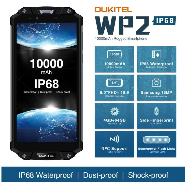 OUKITEL WP2 NFC 10000 mAh 9 V 2A Quick Charge 6 0 &quotFHD MTK6750T Octa Core 4 GB + 64 16MP двойной назад Cam IP68