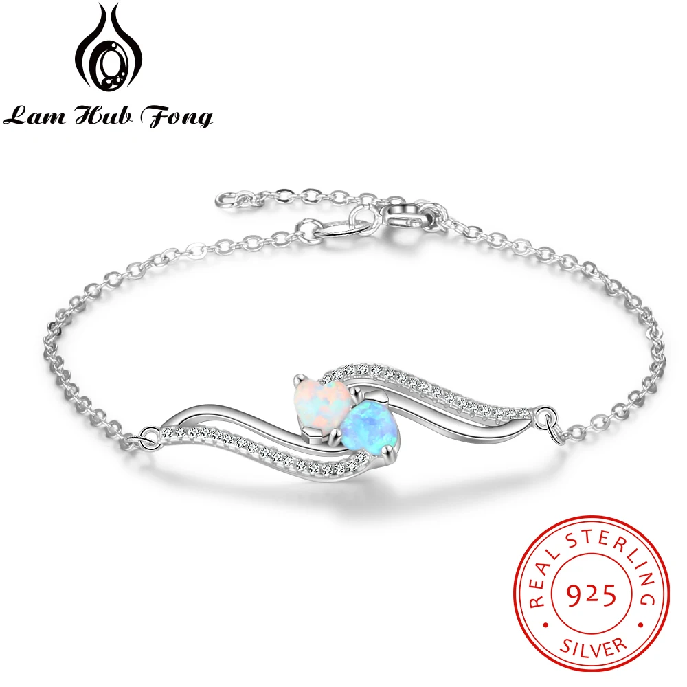

925 Sterling Silver Opal Bracelets for Women Wave Shape 2 Colors Blue White Opal Chain Bracelet Birthday Jewelry (Lam Hub Fong)