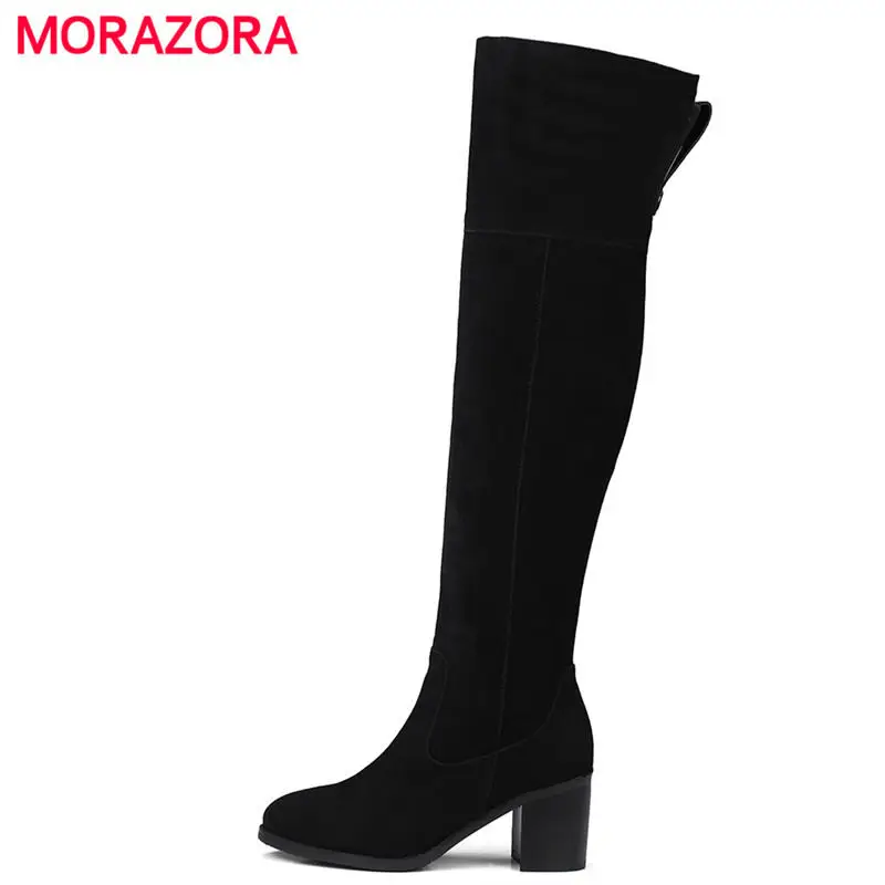 MORAZORA 2018 new over the knee cow suede leather boots round toe high heel fashion boots autumn winter square heel zipper boots MORAZORA 2018 new over the knee cow suede leather boots round toe high heel fashion boots autumn winter square heel zipper boots