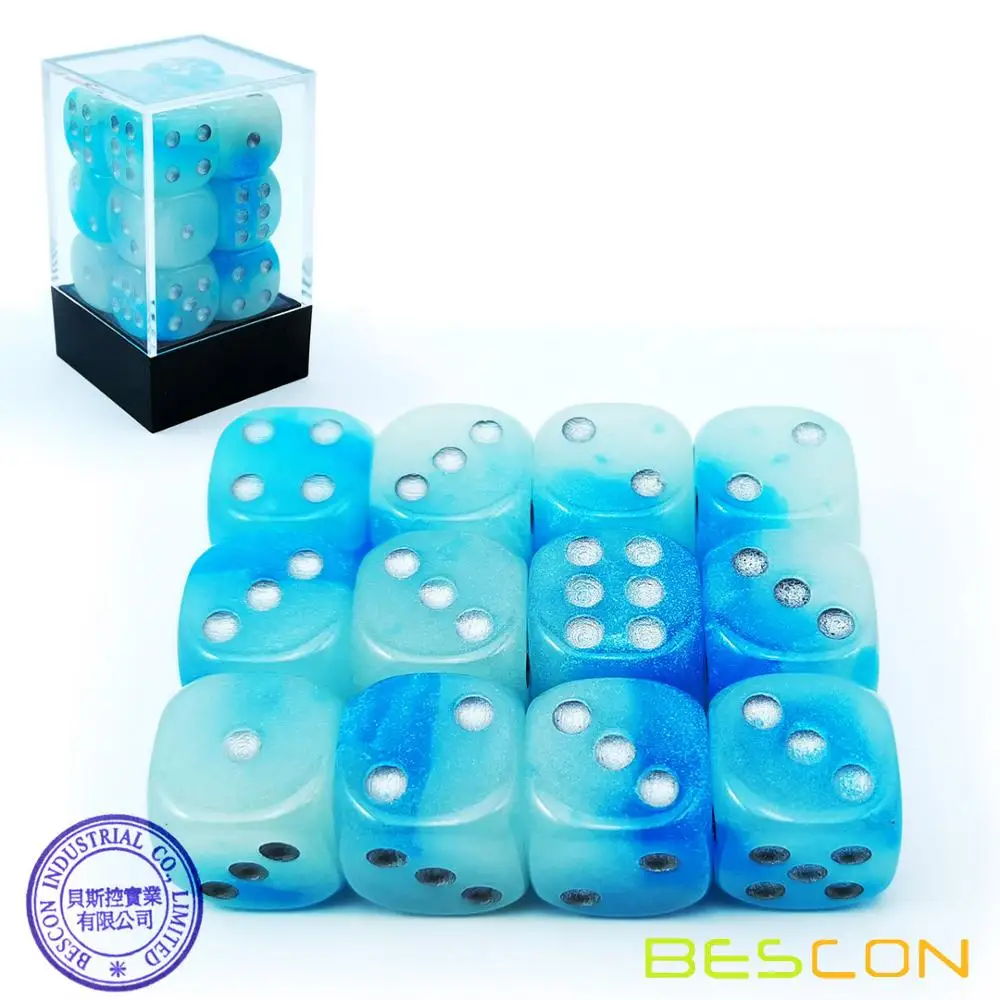 Bescon Two Tone Glowing Dice D6 16mm 12pcs Set of ICY ROCKS, 16mm Six Sided Die (12) Block of Glowing Dice 5