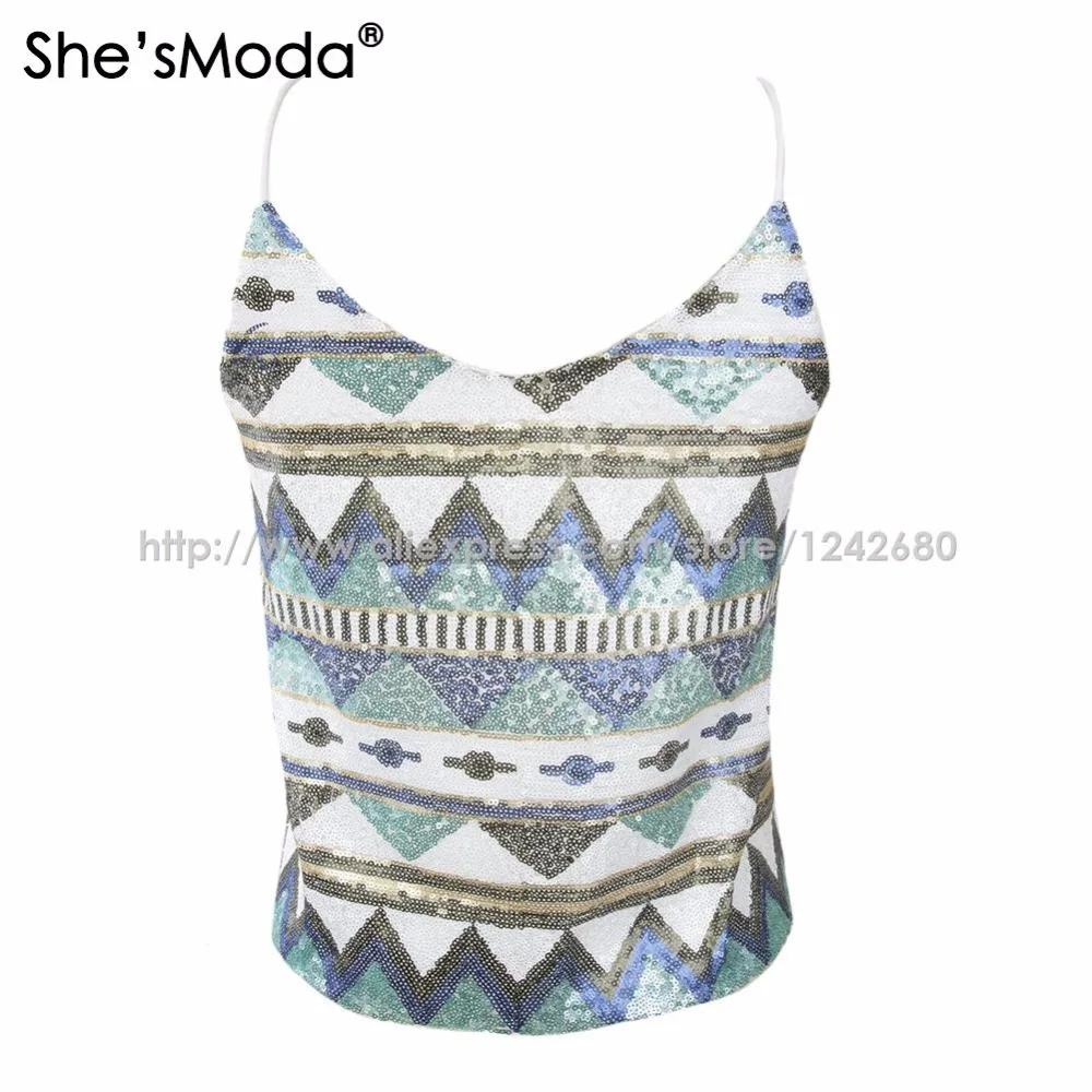 She'sModa геометрические блестки Boho Лето весна женские спандекс Клубные вечерние майки-ками жилет
