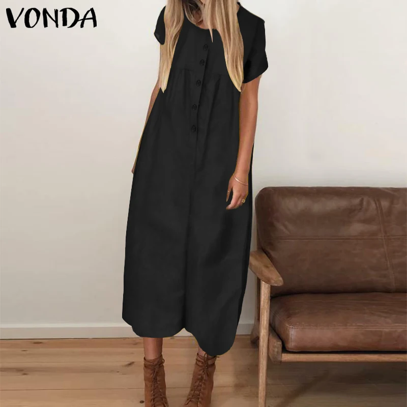 

VONDA Vinatge Overall Rompers Women Jumpsuits 2019 Casual Short Sleeve Calf-Length Playsuit Wide Leg Pants Trousers Plus Size