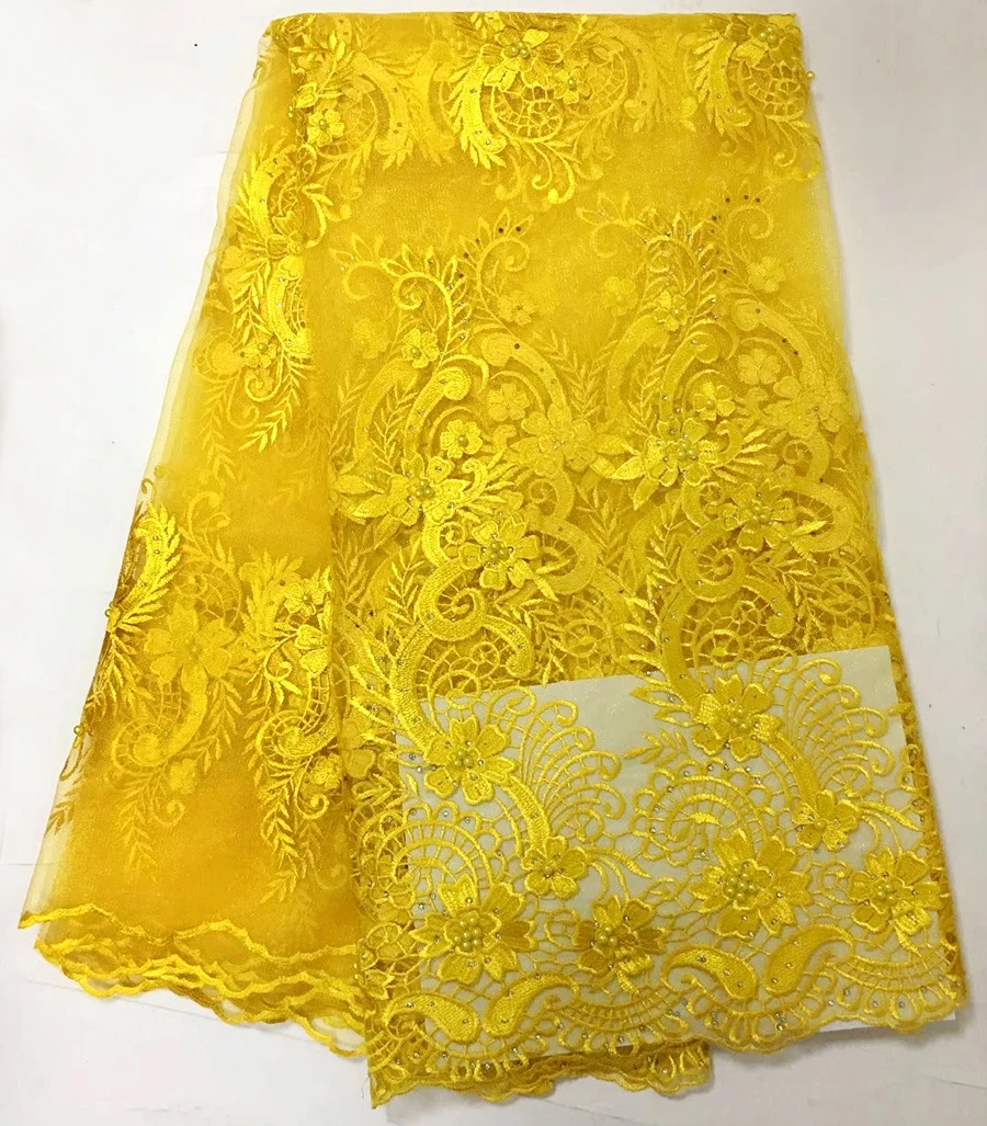 

Beautiful African lace fabric african with beads Yellow lace fabric high quality flower net lace fabric for party dress 5 yards