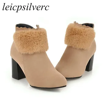 

Women Boots Autumn Winter High Heel Warm Plush Fur Pointed Toe Ruffles Zipper Ankle Chelsea Shoes 2018 New Sexy Black Brown Pink