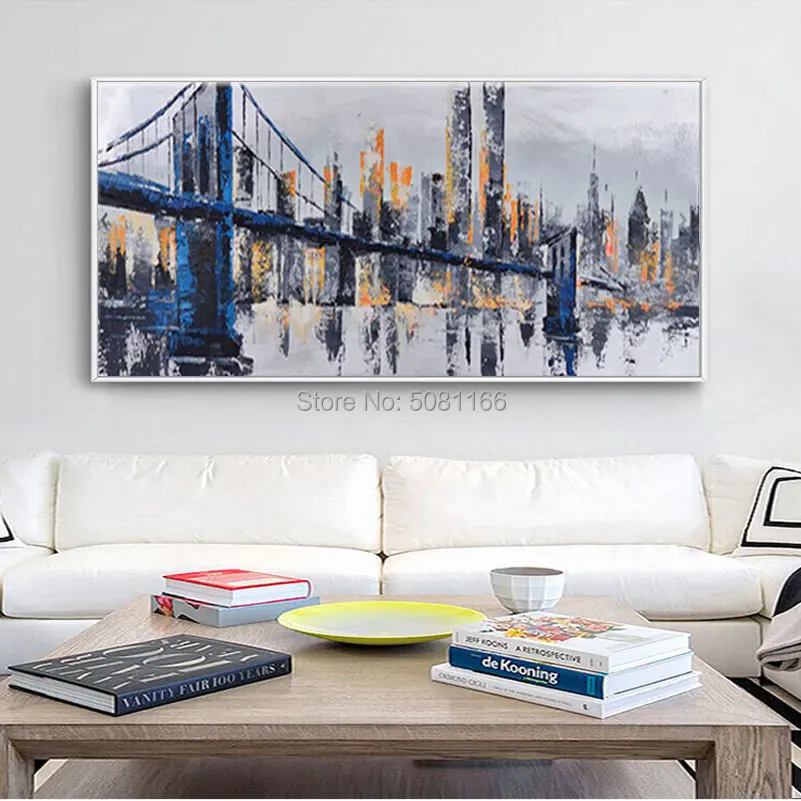 

Hand painted Impression New York City building Oil Painting on Canvas Abstract Brooklyn Bridge Wall Art large grey Wall Pictures