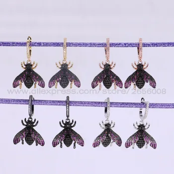 

4 Pairs Fashion Micro pave CZ Tiny Bugs insect drop earrings fly insect jewelry earrings Bugs drop earrings gift for women 3083