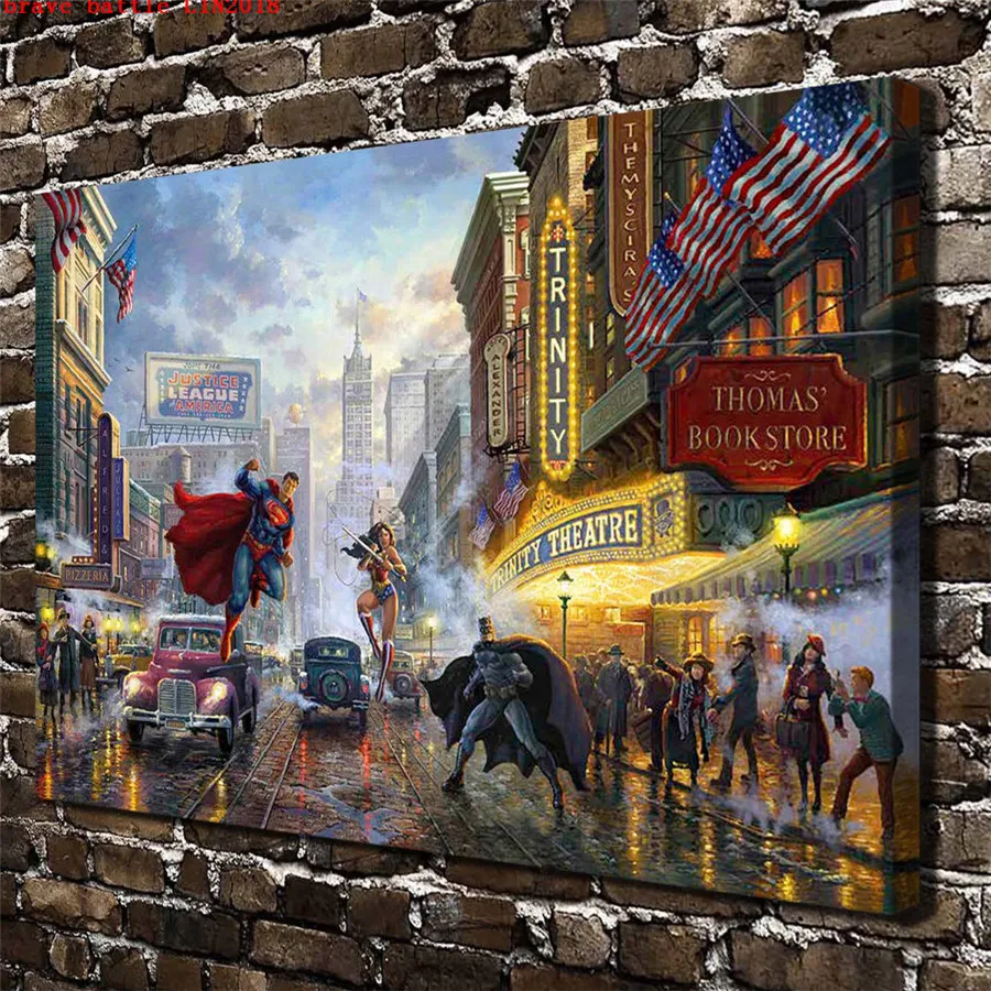 Thomas Kinkade Superman Batman Street Canvas Painting Print Living Room