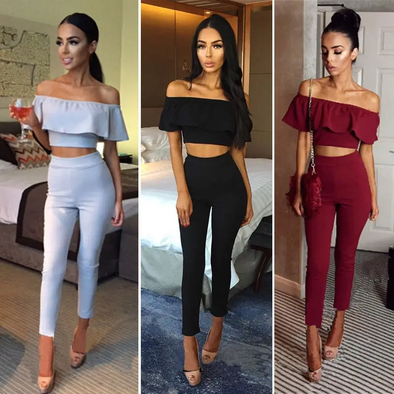 

Womens Ldaies Fashion Solid Color Sexy Off Shoulder Ruffle Summer Causl Long Pencil Pant Jumpsuit Rompers One Shoulder Playsuits