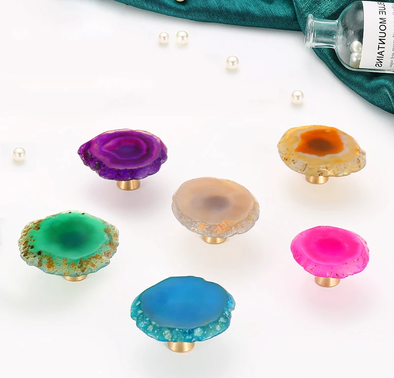 

Colorful natural agate knob rough stone cutting knob for bedroom drawer pull knobs handle