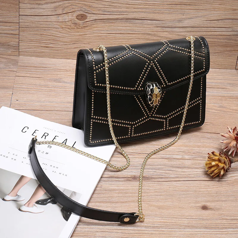 

2018 Summer Rivet Chain Snake Lock Cowhide Genuine Leather Luxury Handbags Women Bags Designer Bolsa Feminina Famous Brands Flap