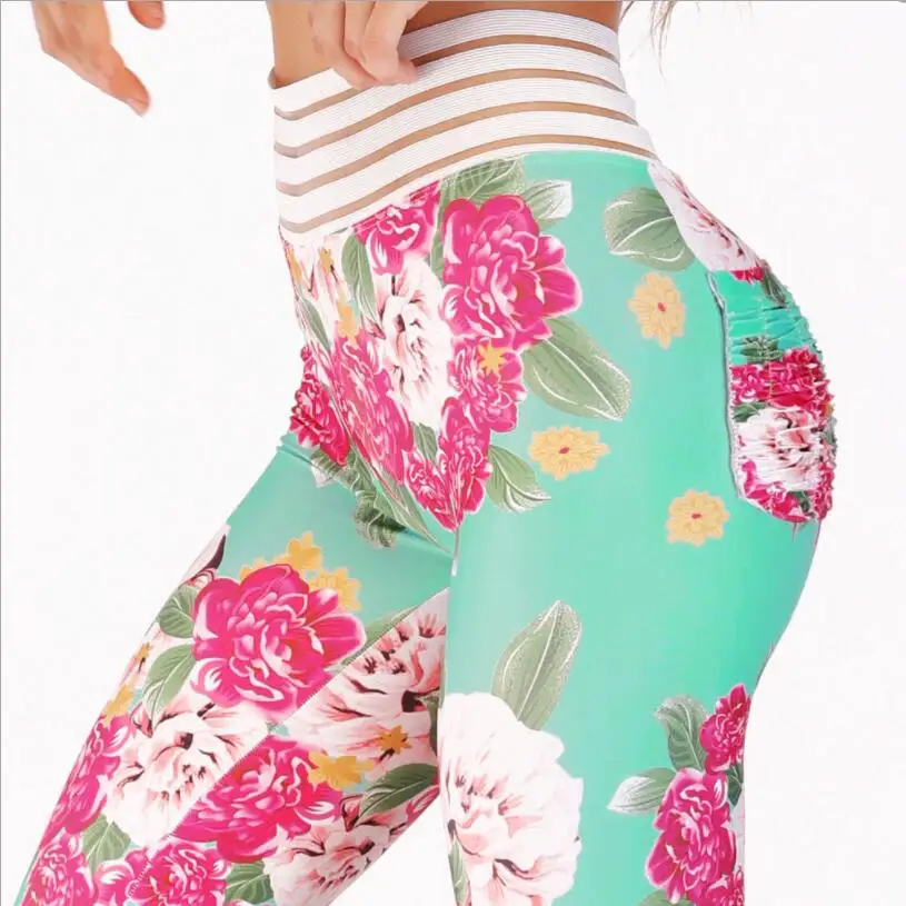 New Style Women Floral Printed Booty Leggings With Striped Waistband