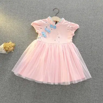 Новое летнее платье Чонсам для маленьких девочек милая детская хлопковая одежда принцессы вечерние фатиновые кружевные платья в китайском стиле на свадьбу - Цвет: pink