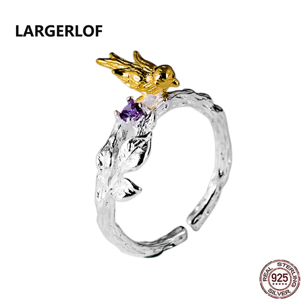 

LARGERLOF Real 925 Sterling Silver Ring Adjustable Women Fine Jewelry Handmade Bired Rings For Women RG57036