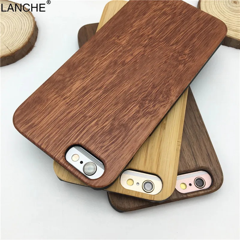 LANCHE Natural Wood Cases for iPhone 6 6S Plus Phone Case Durable Bamboo Walnut Wooden +PC Back