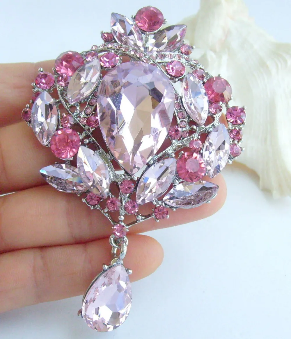 3.54" Pink Rhinestone Crystal Teardrop Brooch Pin Pendant EE04082C5in