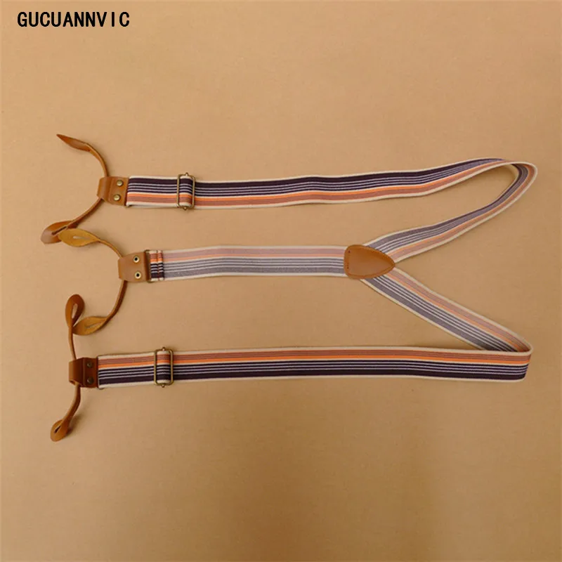 GUCUANNVIC Vintage stripes Men's suspenders casual Fashion braces High quality leather suspenders Adjustable 6 buttons Belt