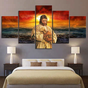 

HD Picture Printed Jesus Holding A Lamb Seascape Sunset Landscape Wall Paintings for Home Decor