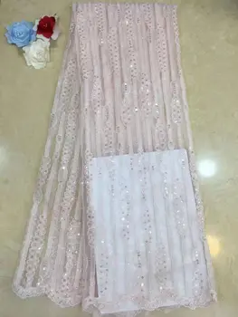 

2019 Nigeria High Quality Blush Pink Leaves Embroidered Laces Fabrics High Quality Tulle French 3D Sequin Net Lace Fabric YYZ08