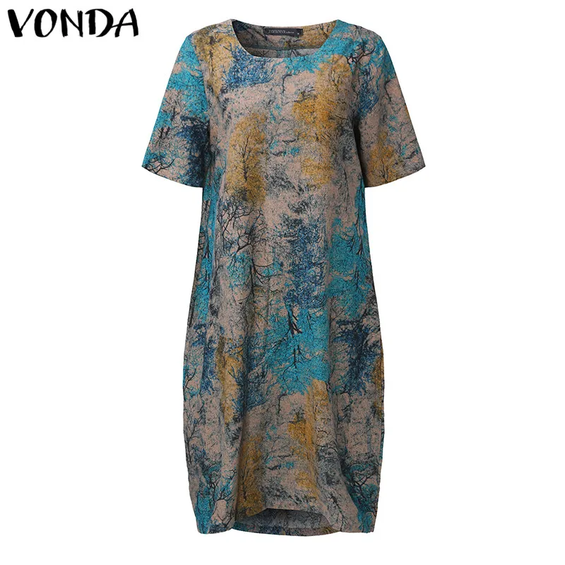 VONDA летнее женское винтажное платье с цветочным принтом для беременных, Повседневная Свободная одежда с коротким рукавом для беременных мам размера плюс M-5XL