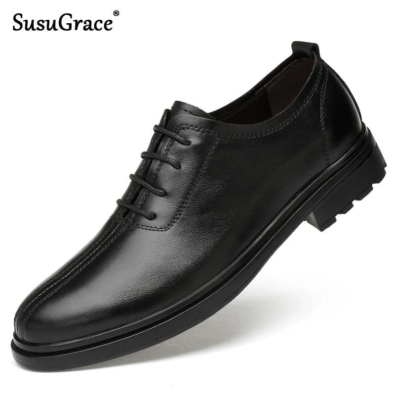 

susuGrace Men's Dress shoes Genuine Leather White Black business work shoes waterproof party footwear wedding 2019 New year gift