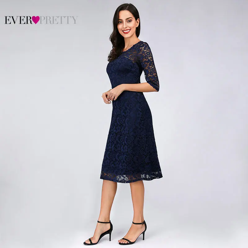 Темно-синие кружевные коктейльные платья Ever Pretty ez07565nb прозрачные рукава до колен vestidos mujer элегантные коктейльные платья