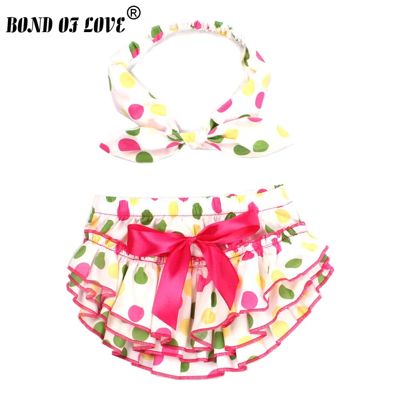 

Baby clothes Girl Ruffle Bloomers Diaper Cover And Headband Toddler Cotton Colored Dots Bowknot baby Shorts 2 Colors YC028-1