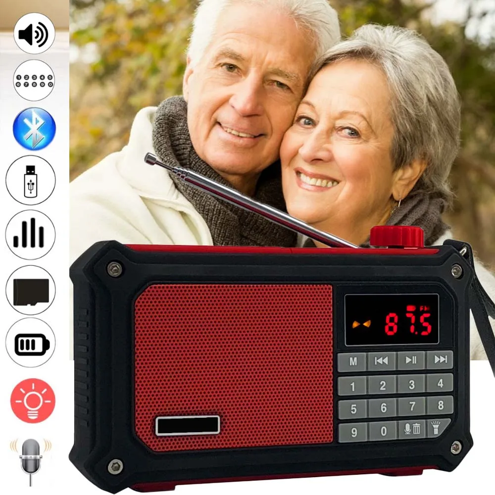 

JINSERTA Portable Mini FM Radio Waterptoof Bluetooth Speaker Music Player with LED Display MIC Flashlifht Support TF Card USB