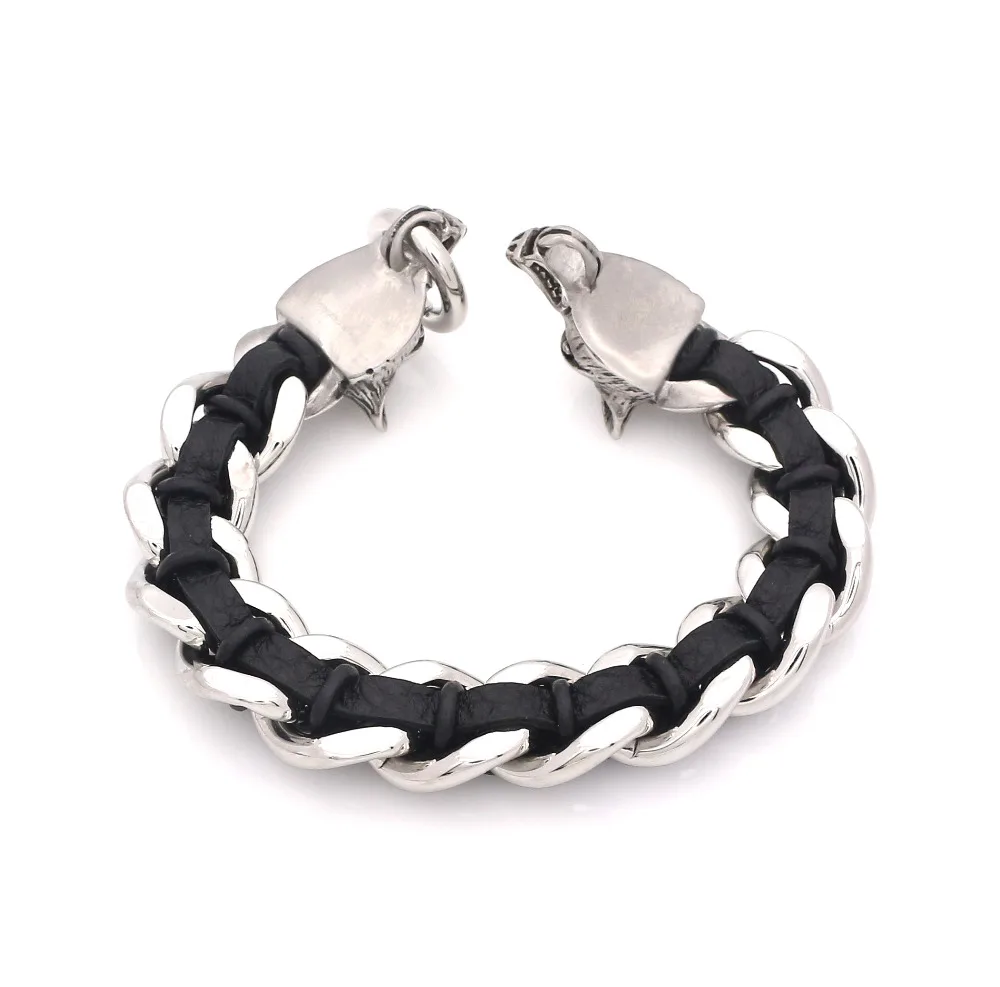 JSBAO Silver Colour Men Bracelet Stainless Steel Leather Fashion Vintage Jewelry Accessories Parataxis Wolf Bracelet Men Jewelry