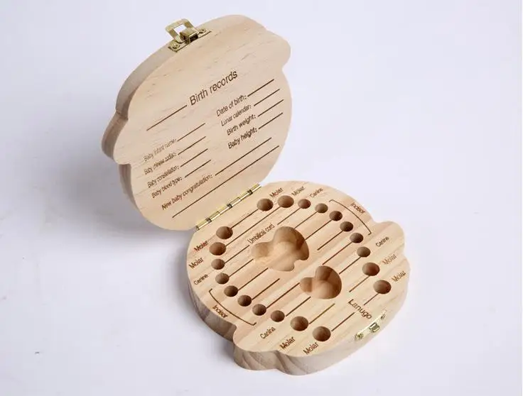 50pcs Spanish English Paint Tooth Box Organizer for Baby Milk Teeth Save Wood Storage Box Gift For Kids Boy& Girl SN1074