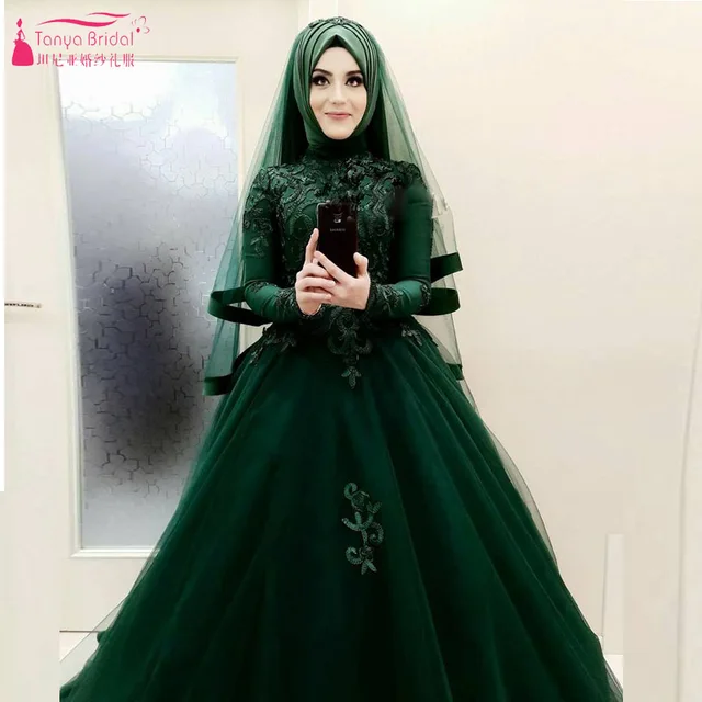 Amazing Beautiful Dark Green Wedding Ball Gowns African Hijab Amazing Beautiful Dark Green Wedding Ball Gowns African Hijab Bridal Dresses Long Sleeve Vestido De Noiva