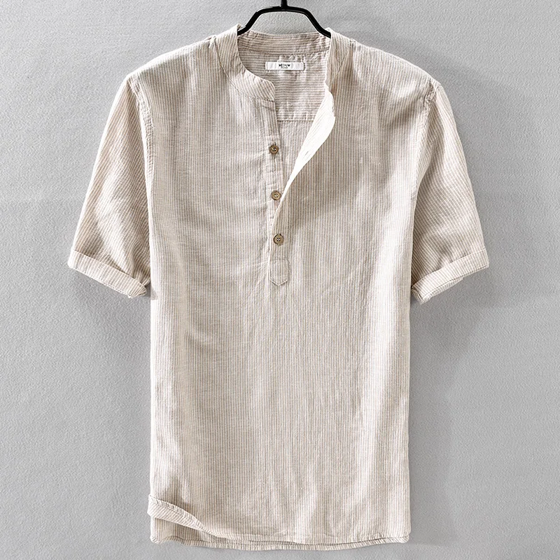 

Japanese style men's linen striped short-sleeed shirt stand collar loose cotton shirts men summer solid unique shirt male camisa